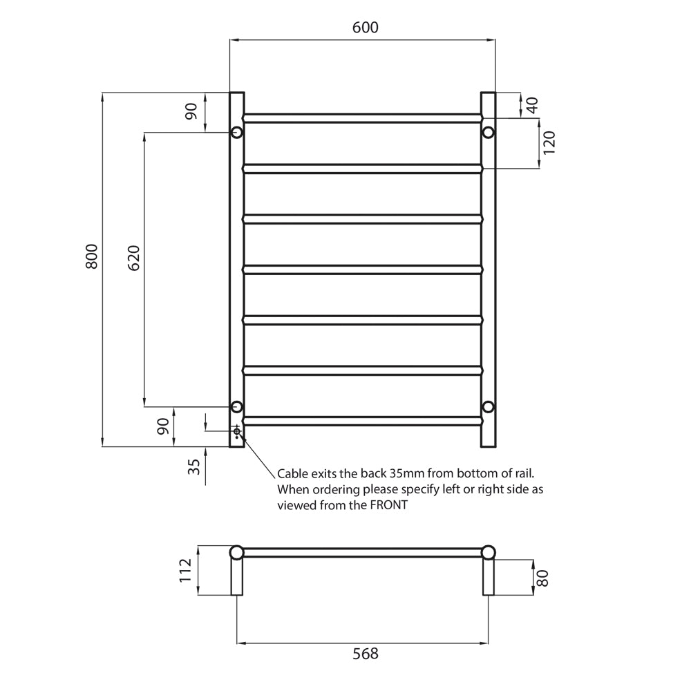 RADIANT HEATING 7-BARS ROUND HEATED TOWEL RAIL LOW VOLTAGE BRUSHED SATIN 600MM