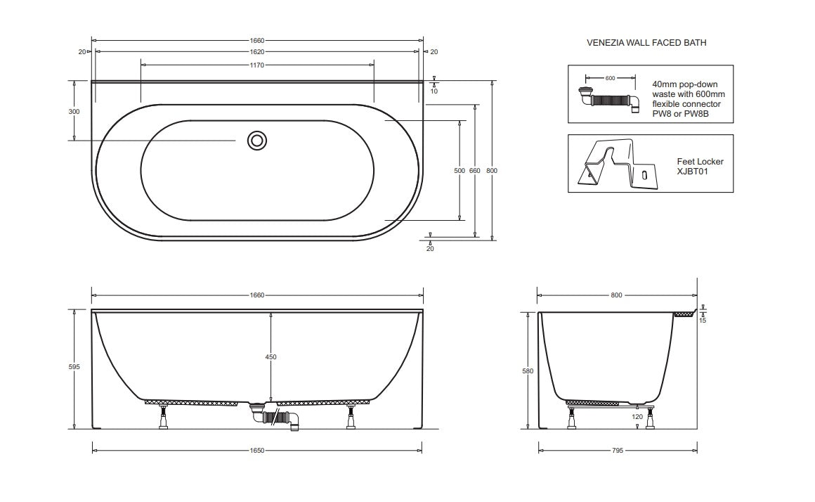 JOHNSON SUISSE VENEZIA WALL FACED FREESTANDING BATH GLOSS WHITE 1660MM