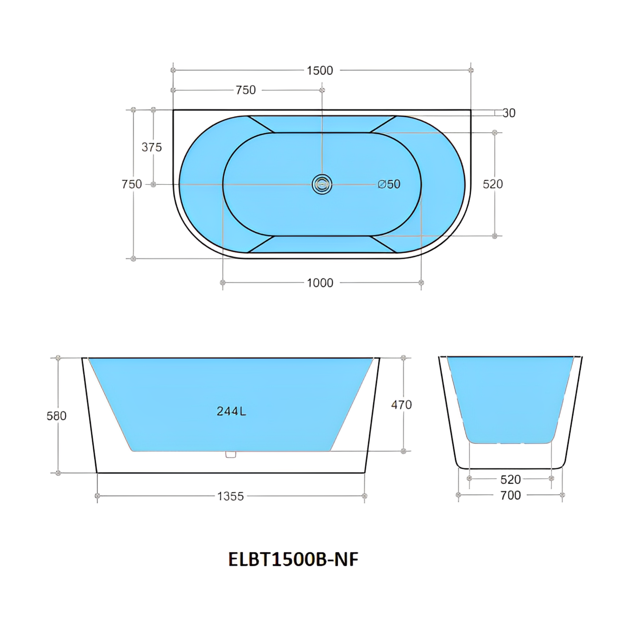POSEIDON ELIVIA BACK TO WALL NF BATHTUB GLOSS BLACK AND GLOSS WHITE (AVAILABLE 1500MM AND 1700MM)