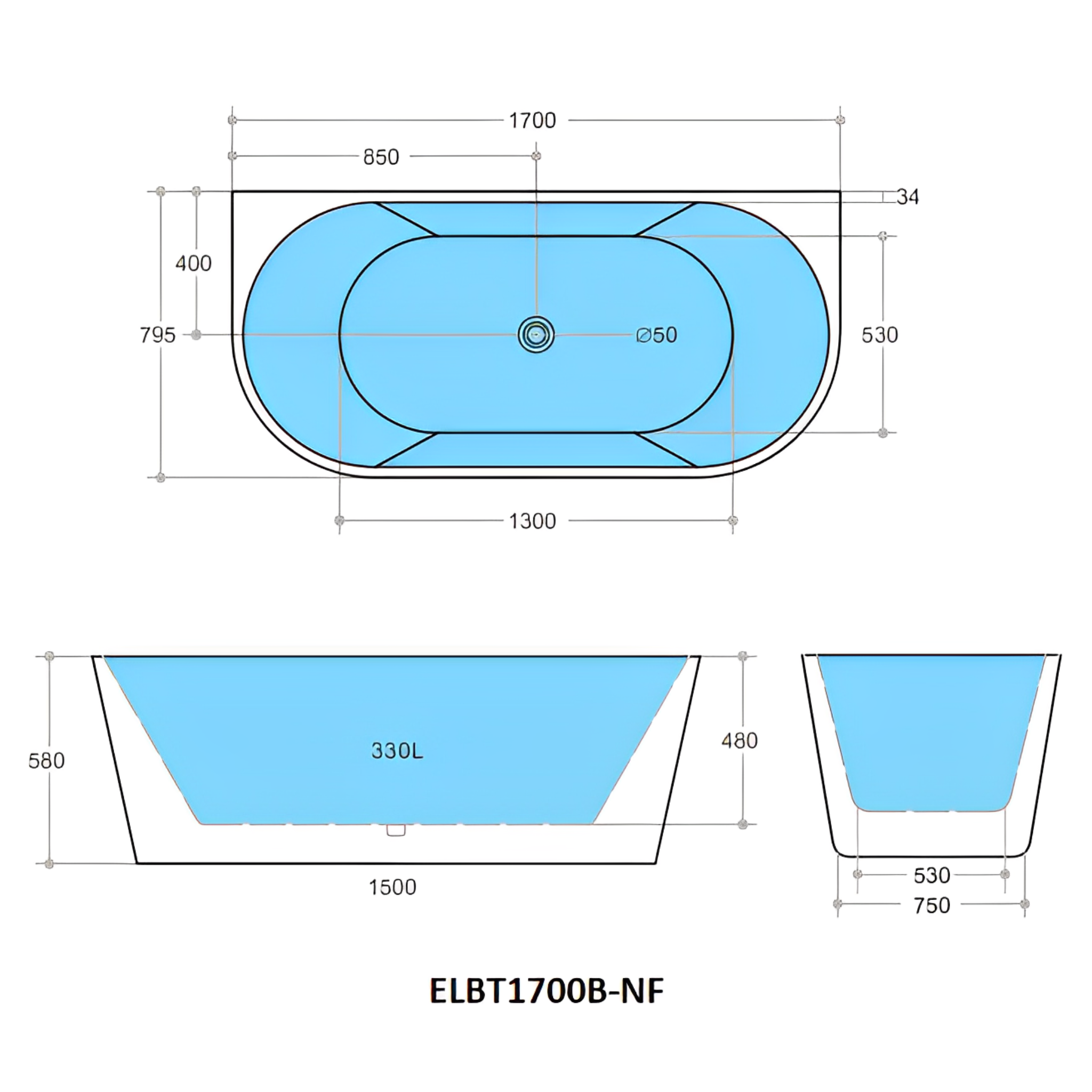 POSEIDON ELIVIA BACK TO WALL NF BATHTUB GLOSS BLACK AND GLOSS WHITE (AVAILABLE 1500MM AND 1700MM)