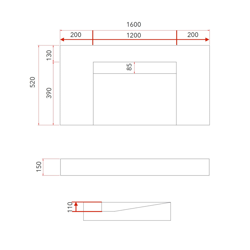 GALLARIA ELAN RECTANGULAR SUPERWHITE STONE WASHPLANE 1600MM