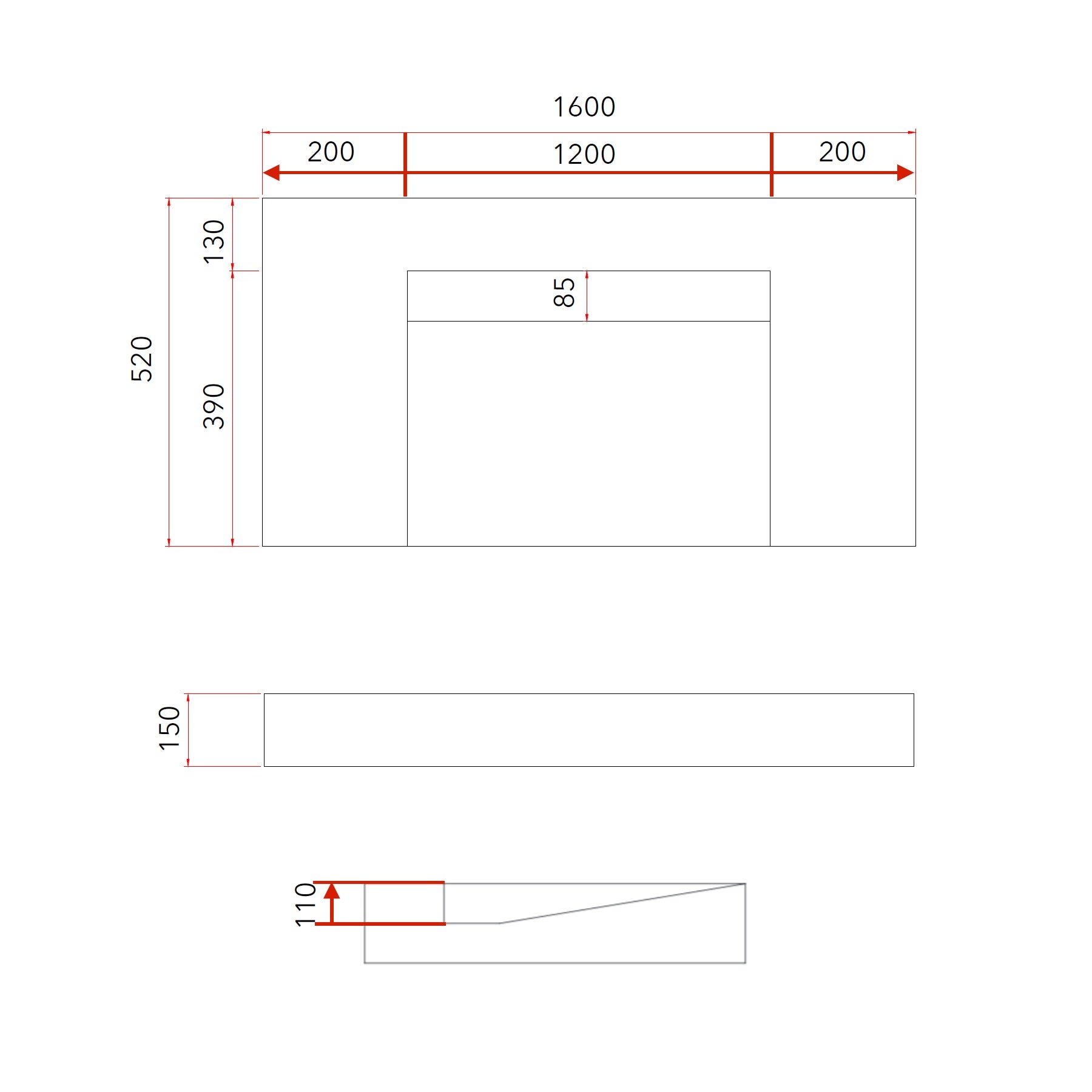 GALLARIA ELAN RECTANGULAR SUPERWHITE STONE WASHPLANE 1600MM