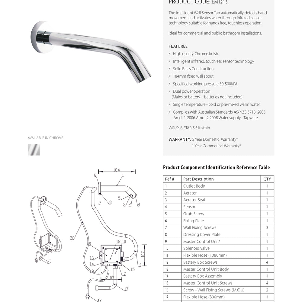LINKWARE INTELLIGENT WALL SENSOR TAP 184MM CHROME