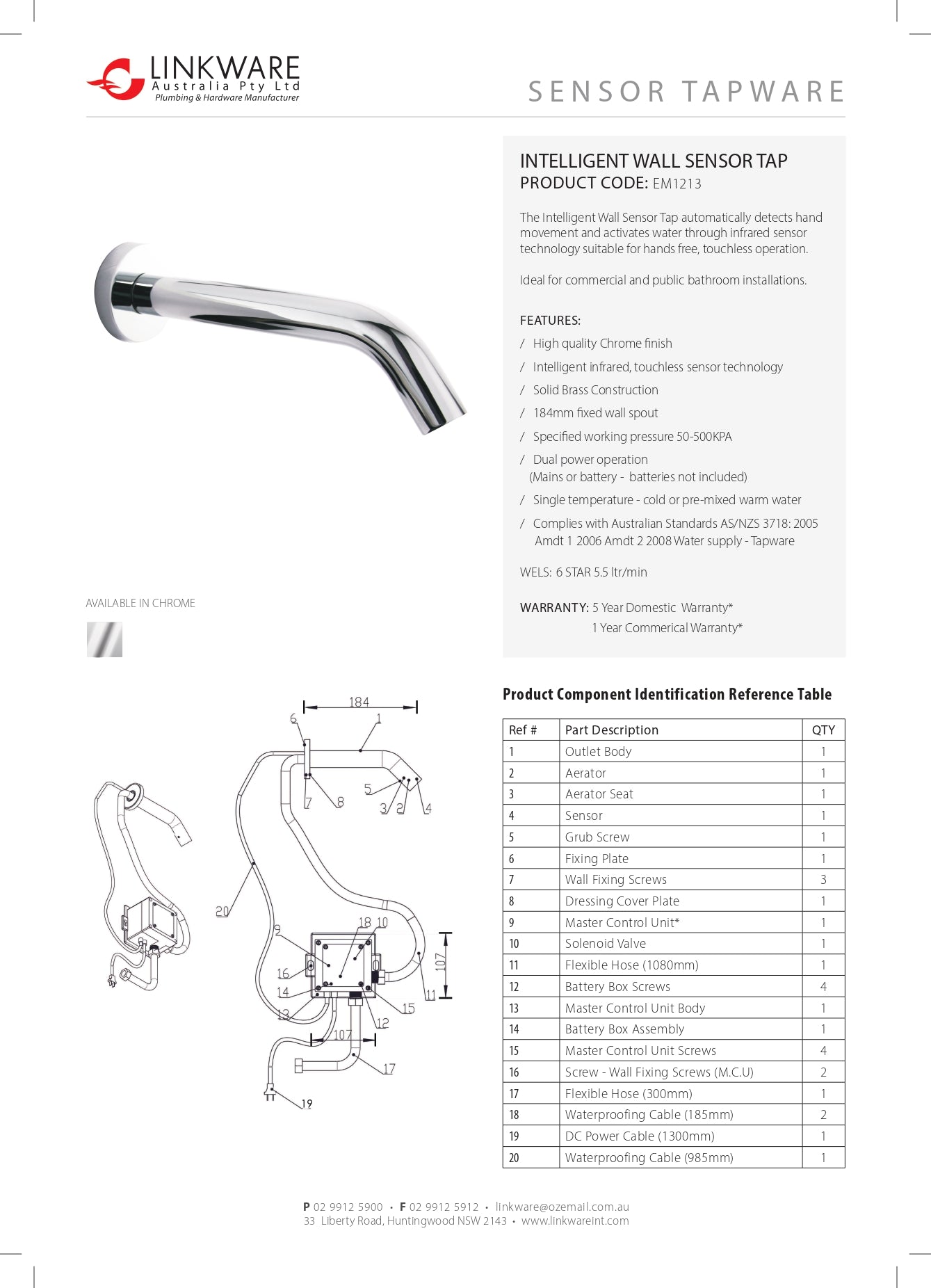 LINKWARE INTELLIGENT WALL SENSOR TAP 184MM CHROME
