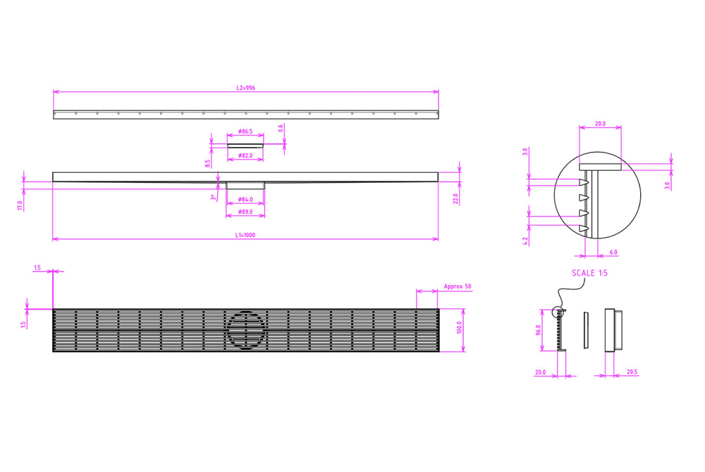 LINSOL EZYFLOW HEELGUARD CHANNEL GRATE BRUSHED STAINLESS 1000 LINEAR