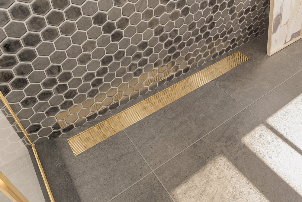 LINSOL EZYFLOW HEELGUARD CHANNEL GRATE BRUSHED BRASS 1200MM