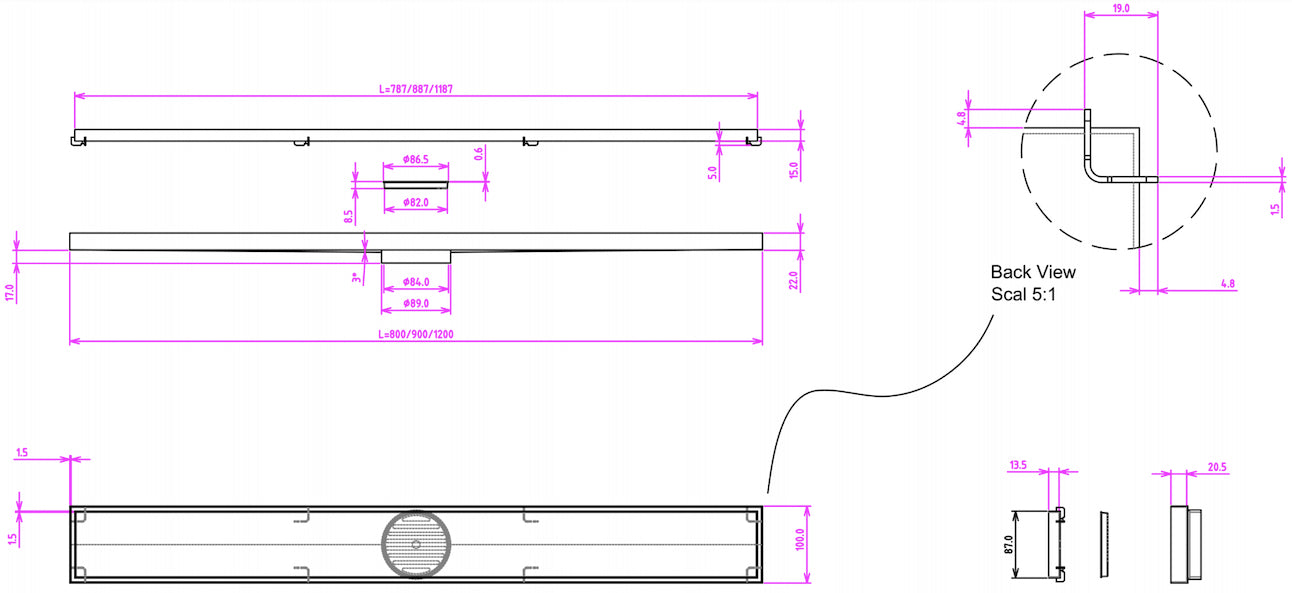 LINSOL EZYFLOW TILE INSERT CHANNEL GRATE BRUSHED STAINLESS 800MM