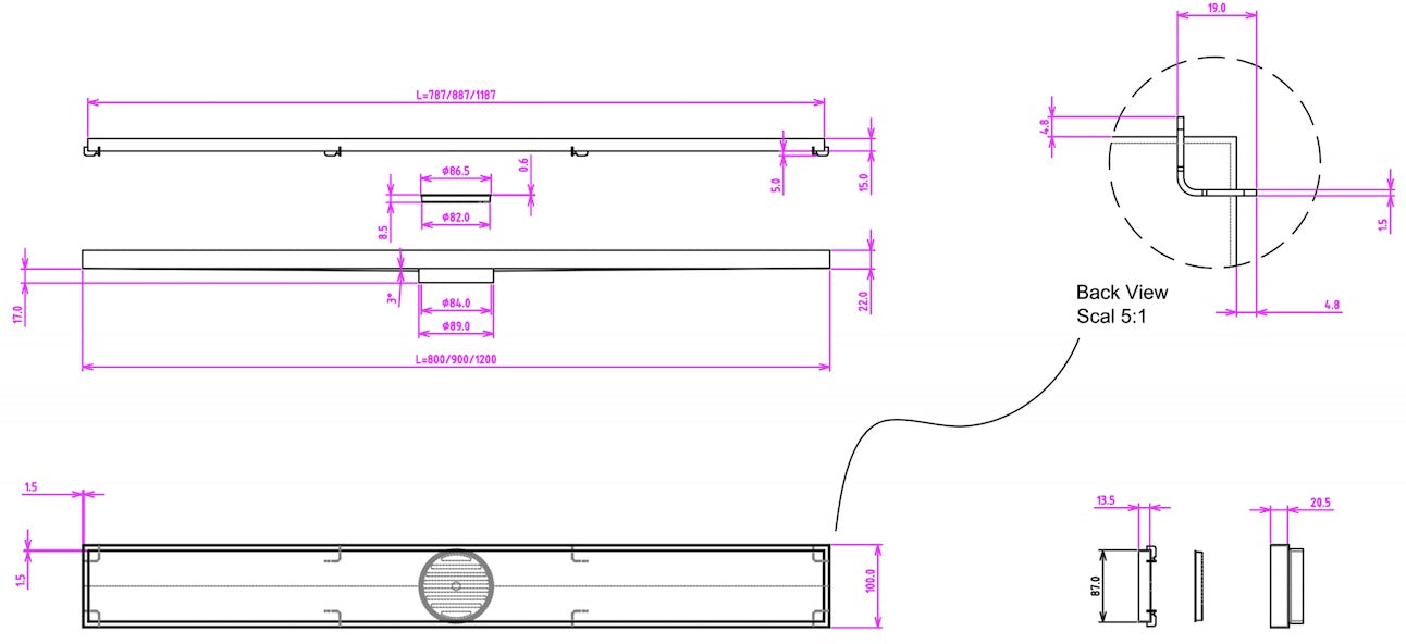 LINSOL EZYFLOW TILE INSERT CHANNEL GRATE BRUSHED STAINLESS 900MM