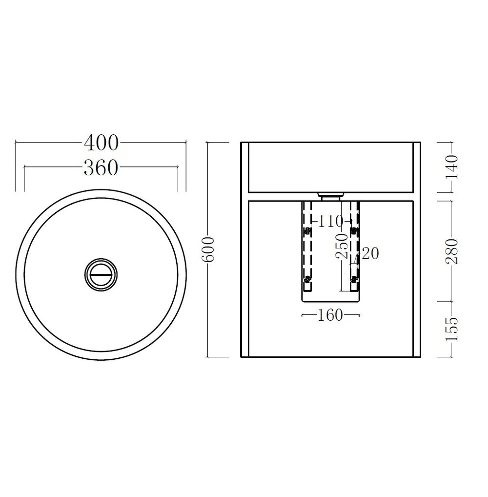 GALLARIA BOLA ROUND WALL HUNG STONE BASIN BLACK 400MM X 600MM