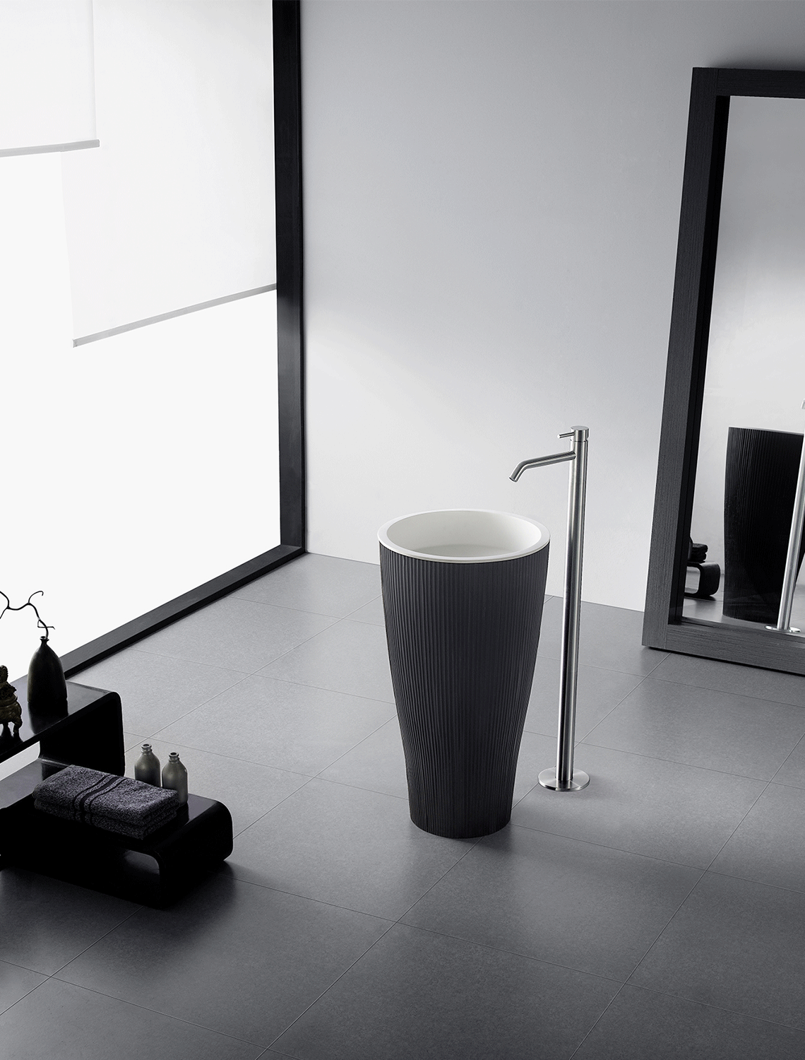 GALLARIA OVALO FREESTANDING PEDESTAL STONE BASIN BLACK & WHITE 450MM