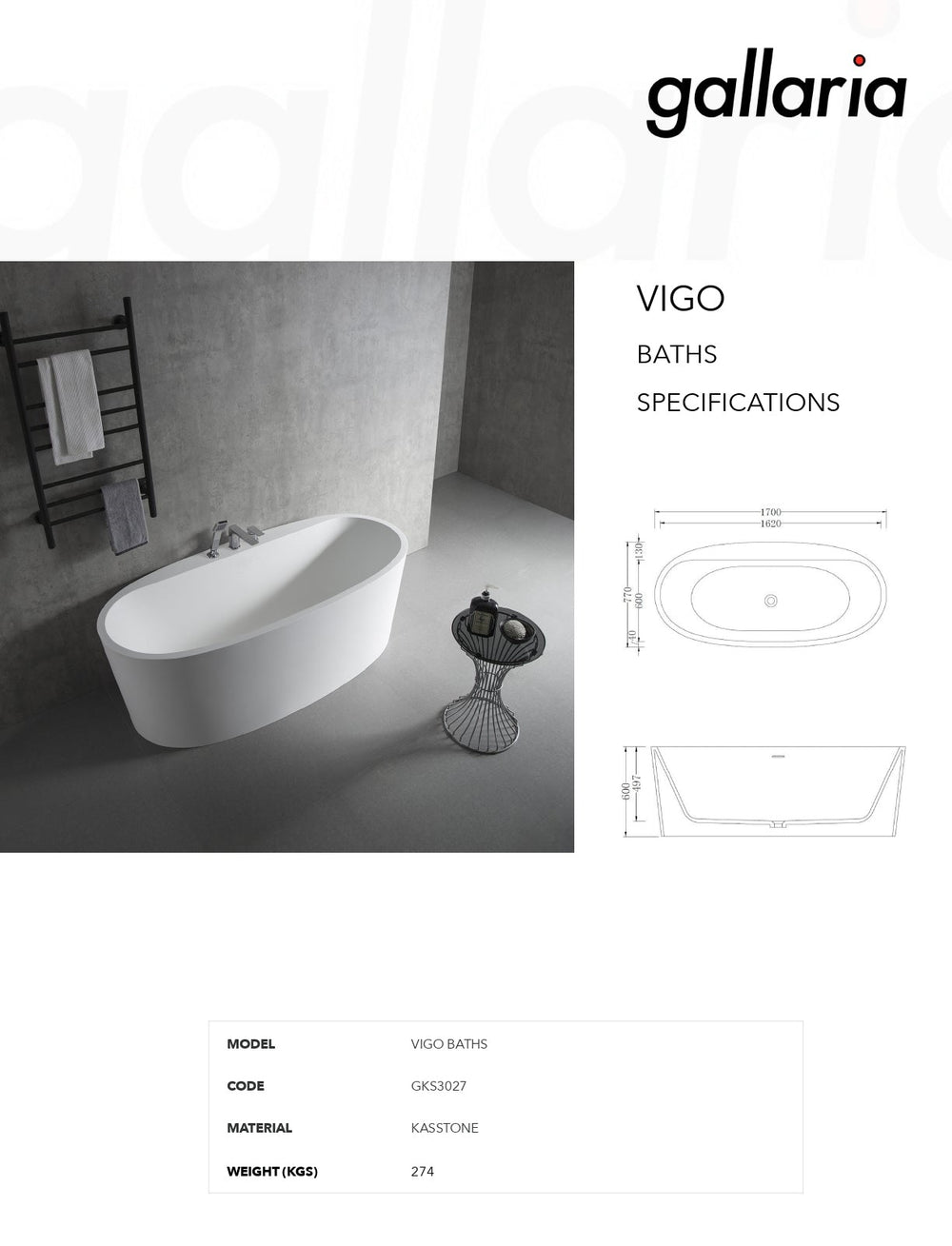 GALLARIA VIGO BACK TO WALL STONE BATHTUB WHITE 1700MM