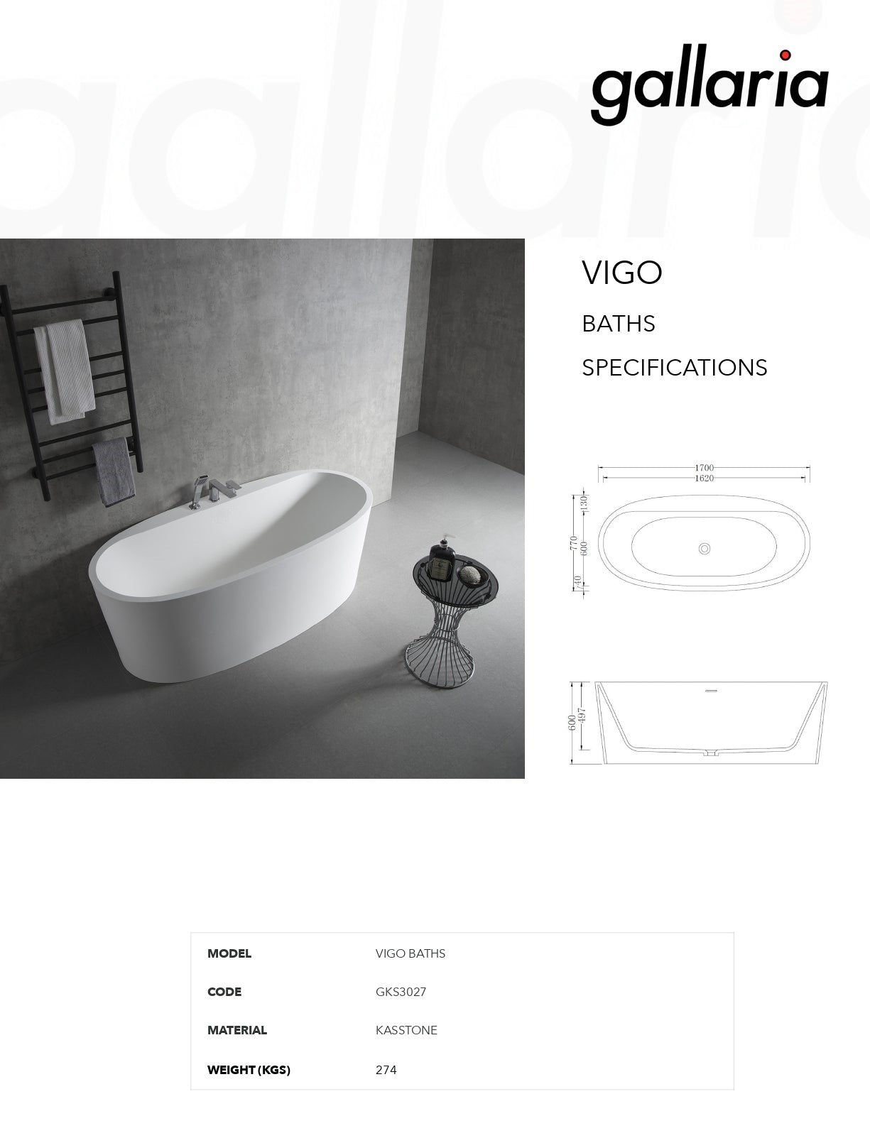 GALLARIA VIGO BACK TO WALL STONE BATHTUB WHITE 1700MM
