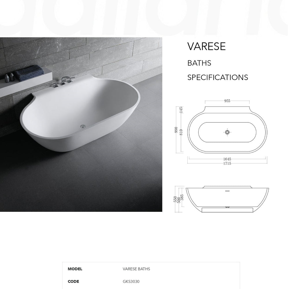 GALLARIA VARESE BACK TO WALL STONE BATHTUB WHITE 1715MM
