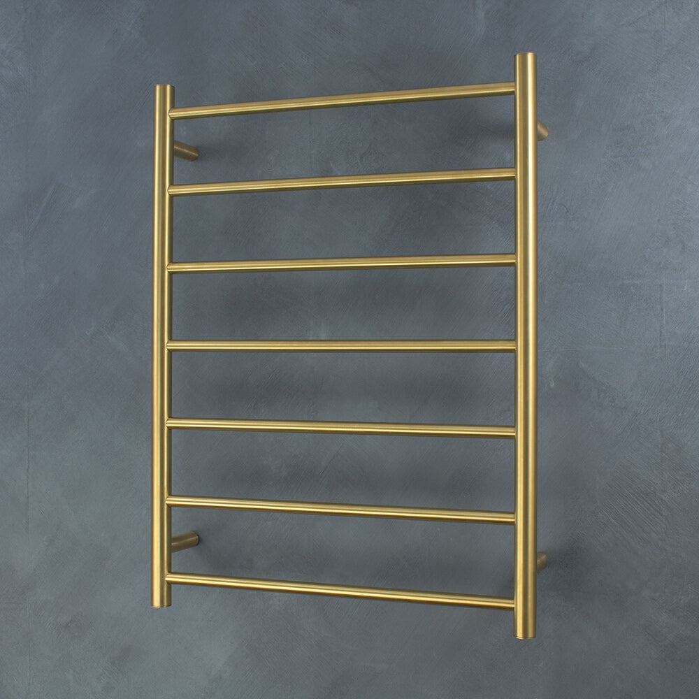 RADIANT HEATING 7-BARS ROUND HEATED TOWEL RAIL BRUSHED GOLD 600MM