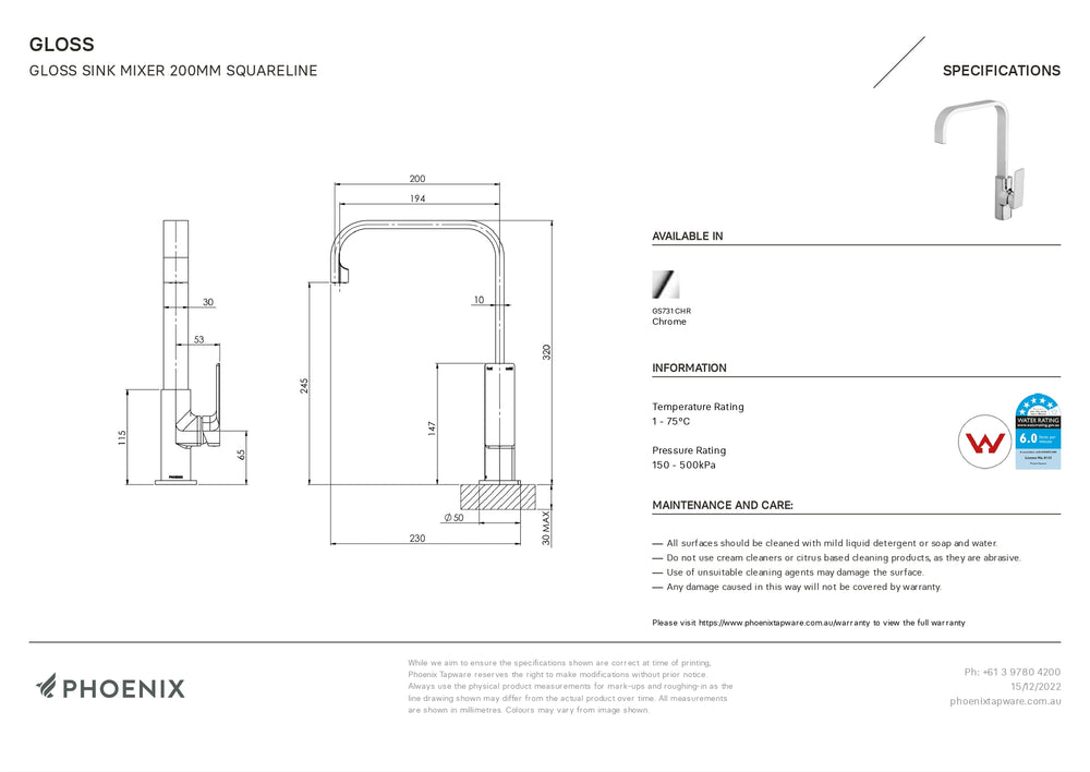 PHOENIX GLOSS SINK MIXER 200MM CHROME