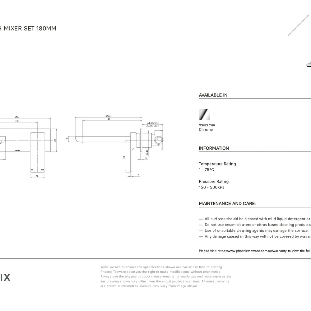 PHOENIX GLOSS WALL BATH MIXER SET 180MM CHROME