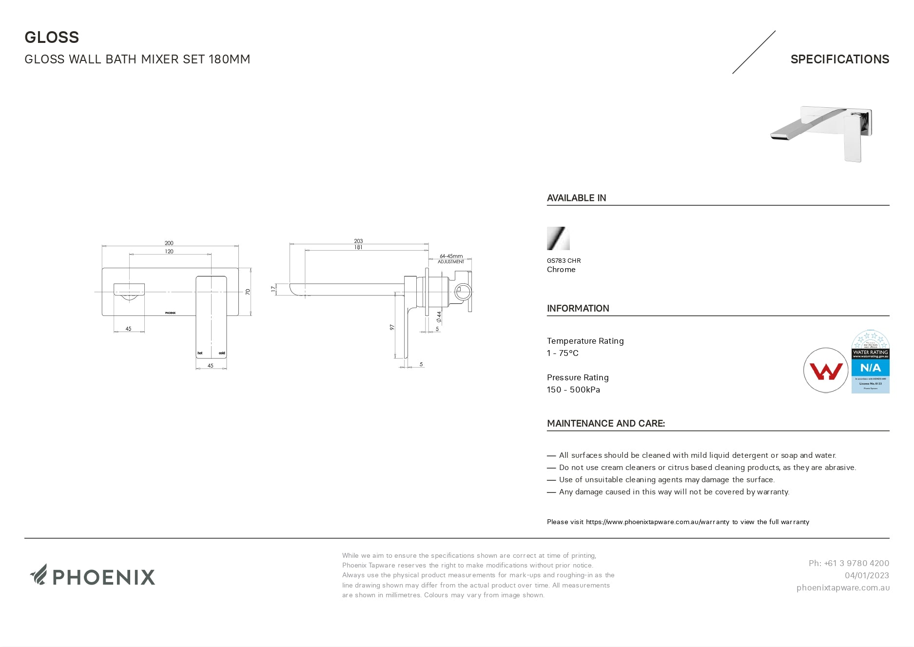 PHOENIX GLOSS WALL BATH MIXER SET 180MM CHROME