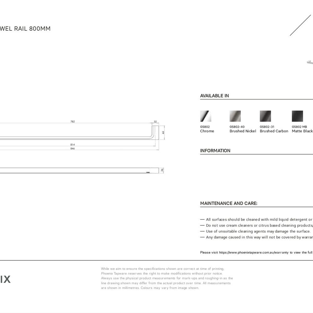 PHOENIX GLOSS SINGLE NON-HEATED TOWEL RAIL BRUSHED NICKEL 800MM