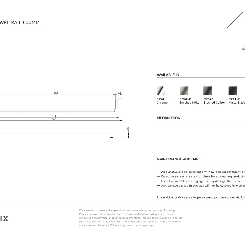 PHOENIX GLOSS SINGLE NON-HEATED TOWEL RAIL MATTE BLACK 600MM