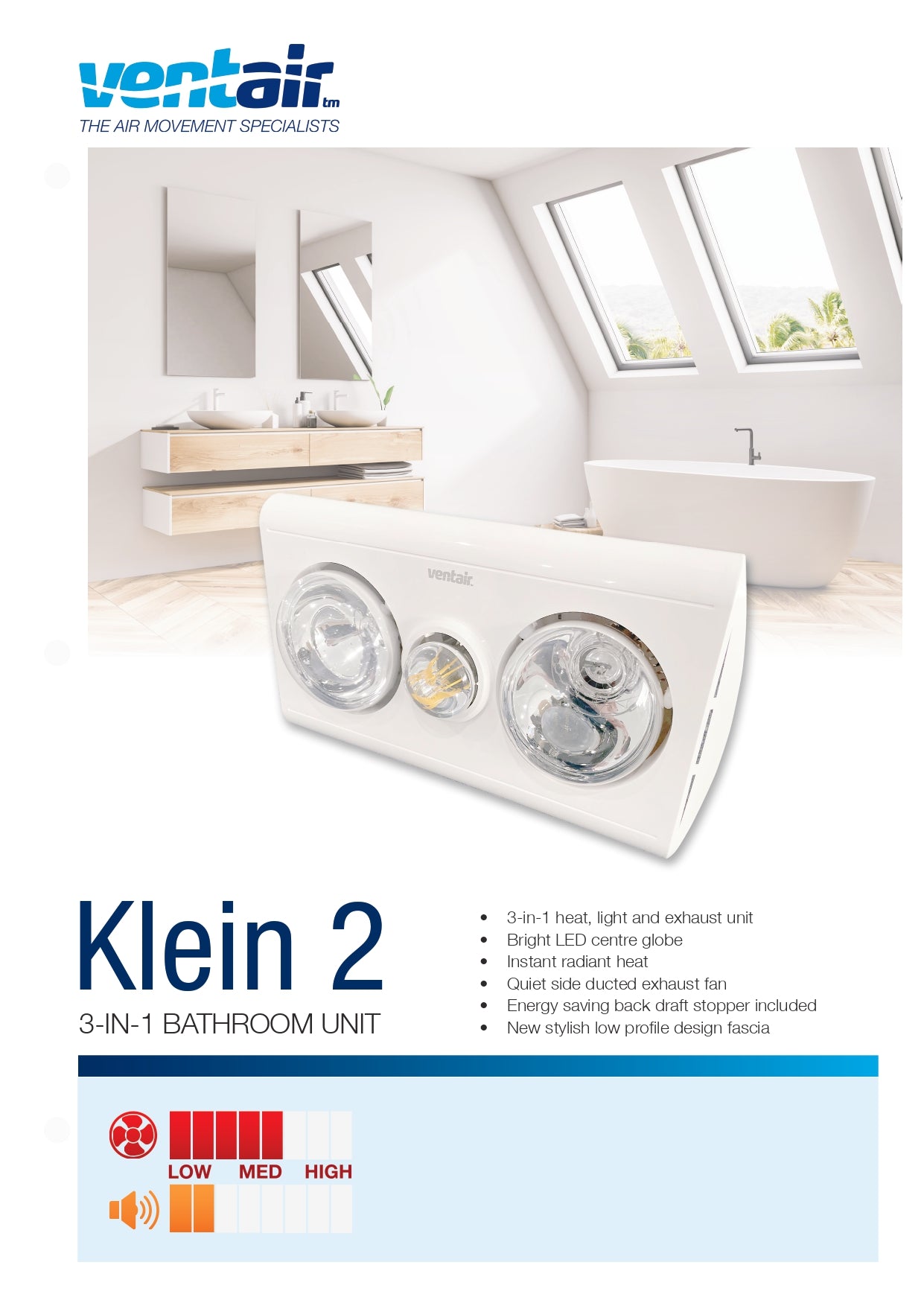 VENTAIR KLEIN 2 3IN1 BATHROOM UNIT WITH 2 HEAT LAMPS, CENTRE LED GLOBE, AND SIDE DUCTED WITH DRAFT STOPPER WHITE