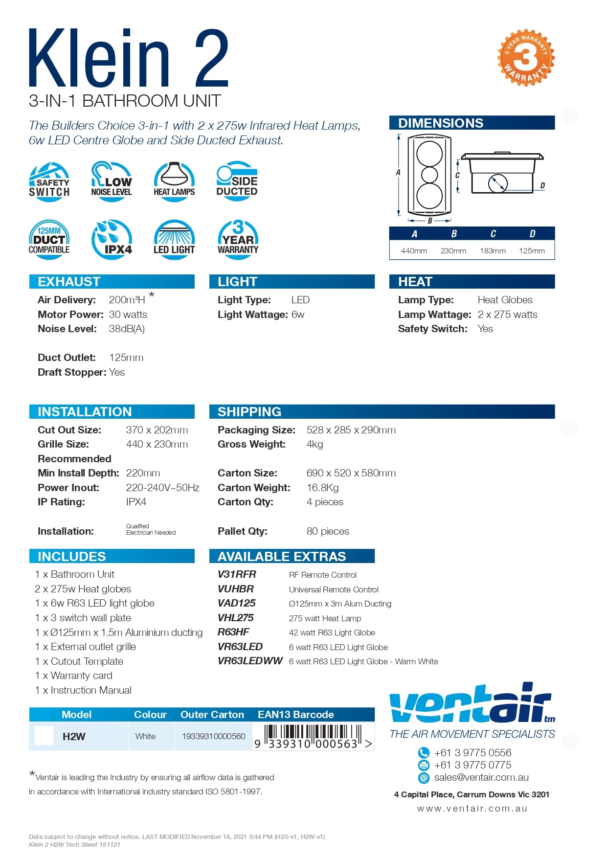 VENTAIR KLEIN 2 3IN1 BATHROOM UNIT WITH 2 HEAT LAMPS, CENTRE LED GLOBE, AND SIDE DUCTED WITH DRAFT STOPPER WHITE