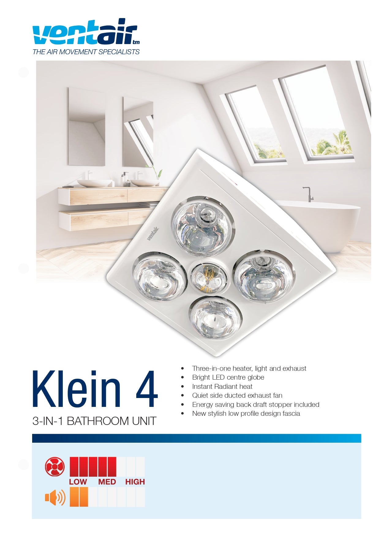 VENTAIR KLEIN 4 3IN1 BATHROOM UNIT WITH 4 HEAT LAMPS, CENTRE LED GLOBE, AND SIDE DUCTED WITH DRAFT STOPPER WHITE