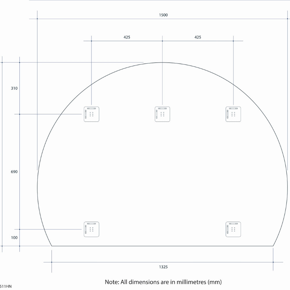 THERMOGROUP ABLAZE FRAMELESS D-SHAPE NON LED MIRROR WITH DEMISTER 1500X1100MM