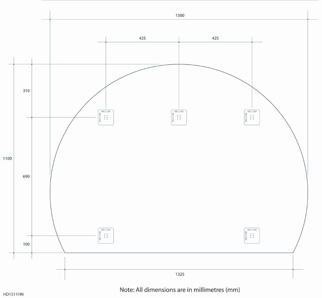 THERMOGROUP ABLAZE FRAMELESS D-SHAPE NON LED MIRROR WITH DEMISTER 1500X1100MM