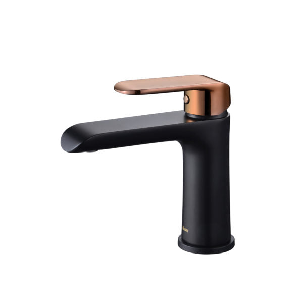 IKON KARA BASIN MIXER 154MM MATTE BLACK AND ROSE GOLD