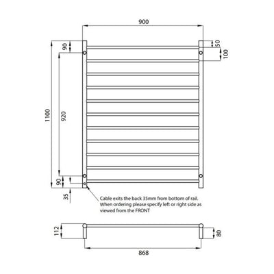 RADIANT HEATING 11-BARS ROUND HEATED TOWEL RAIL CHROME 180WATTS 900MM