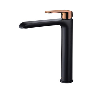 IKON KARA HIGH RISE BASIN MIXER 278MM MATTE BLACK AND ROSE GOLD