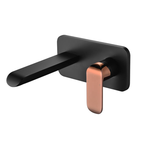 IKON KARA WALL BASIN MIXER WITH SPOUT 200MM MATTE BLACK AND ROSE GOLD