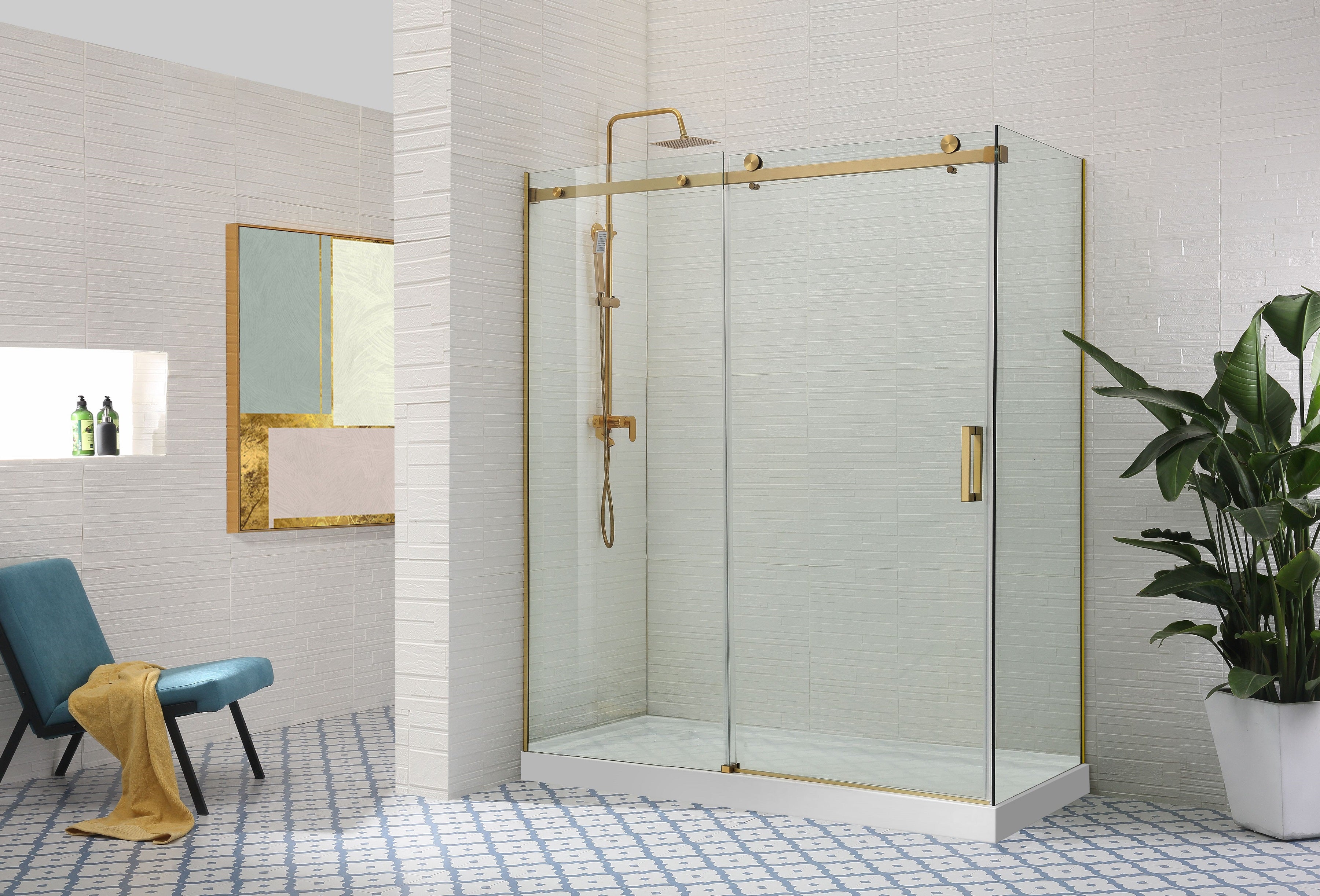 COVEY WALL TO WALL FRAMELESS SINGLE SLIDING DOOR SHOWER SCREEN BRUSHED GOLD