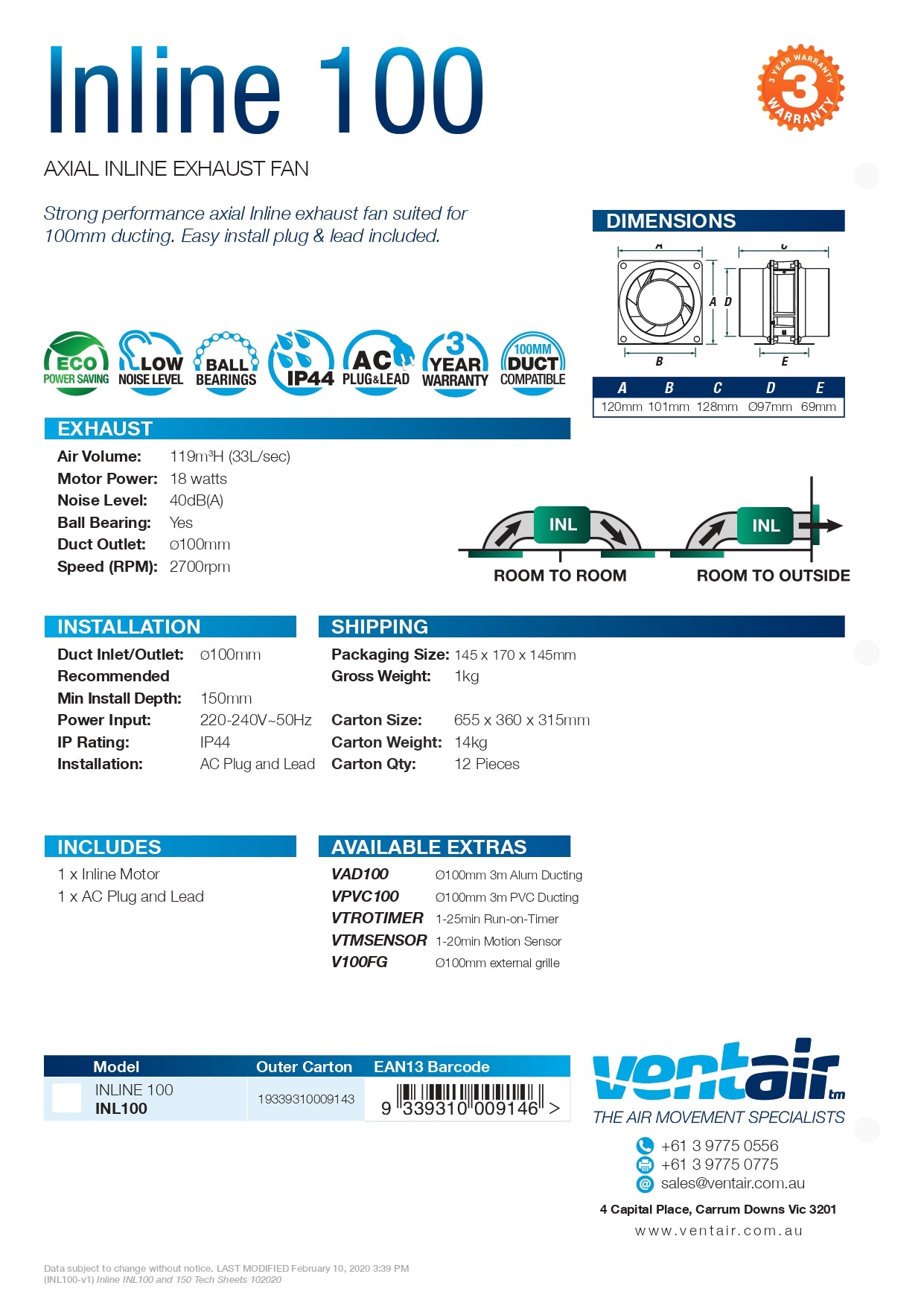 VENTAIR INLINE AXIAL EXHAUST FAN BLACK (AVAILABLE IN 100MM AND 150MM)