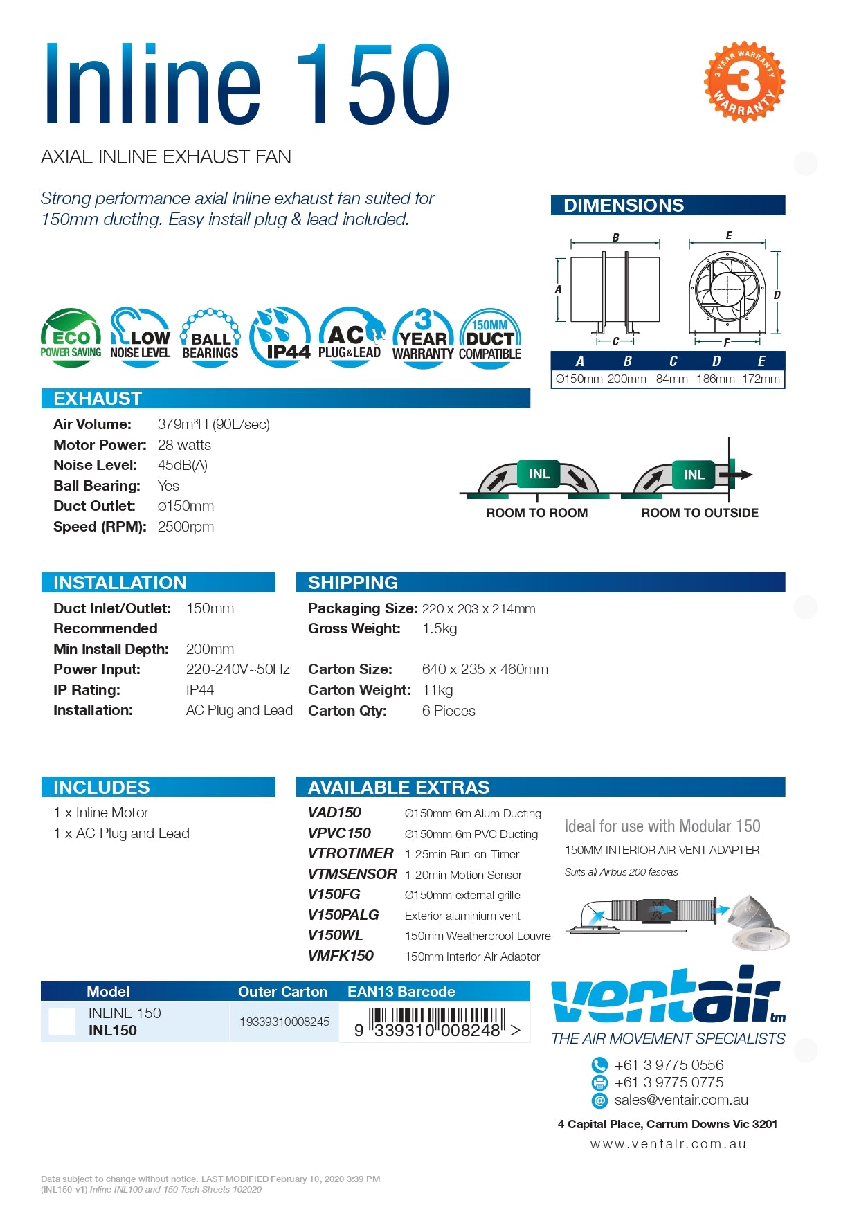 VENTAIR INLINE AXIAL EXHAUST FAN BLACK (AVAILABLE IN 100MM AND 150MM)