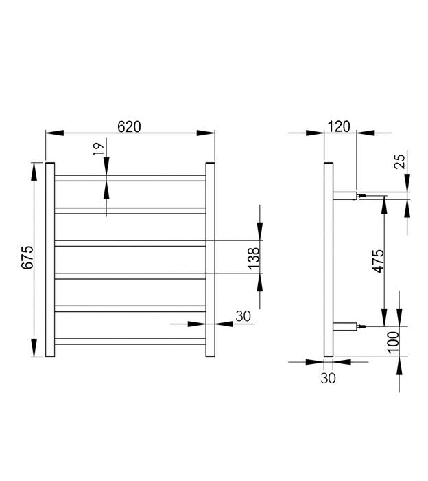 INSPIRE HEATED TOWEL RAIL 6 BAR SQUARE BRUSHED GOLD 680MM