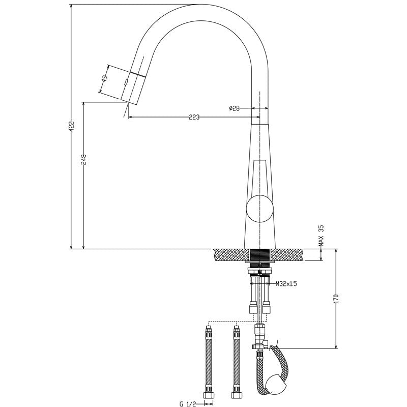 IKON OTUS LUX LEAD FREE PULL-OUT SINK MIXER 422MM BRUSHED NICKEL