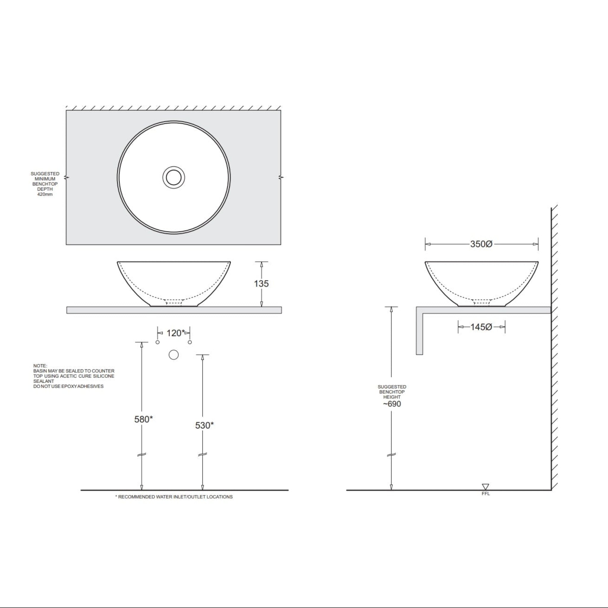 JOHNSON SUISSE VENEZIA ROUND BOWL COUNTER TOP BASINS ASH 350MM