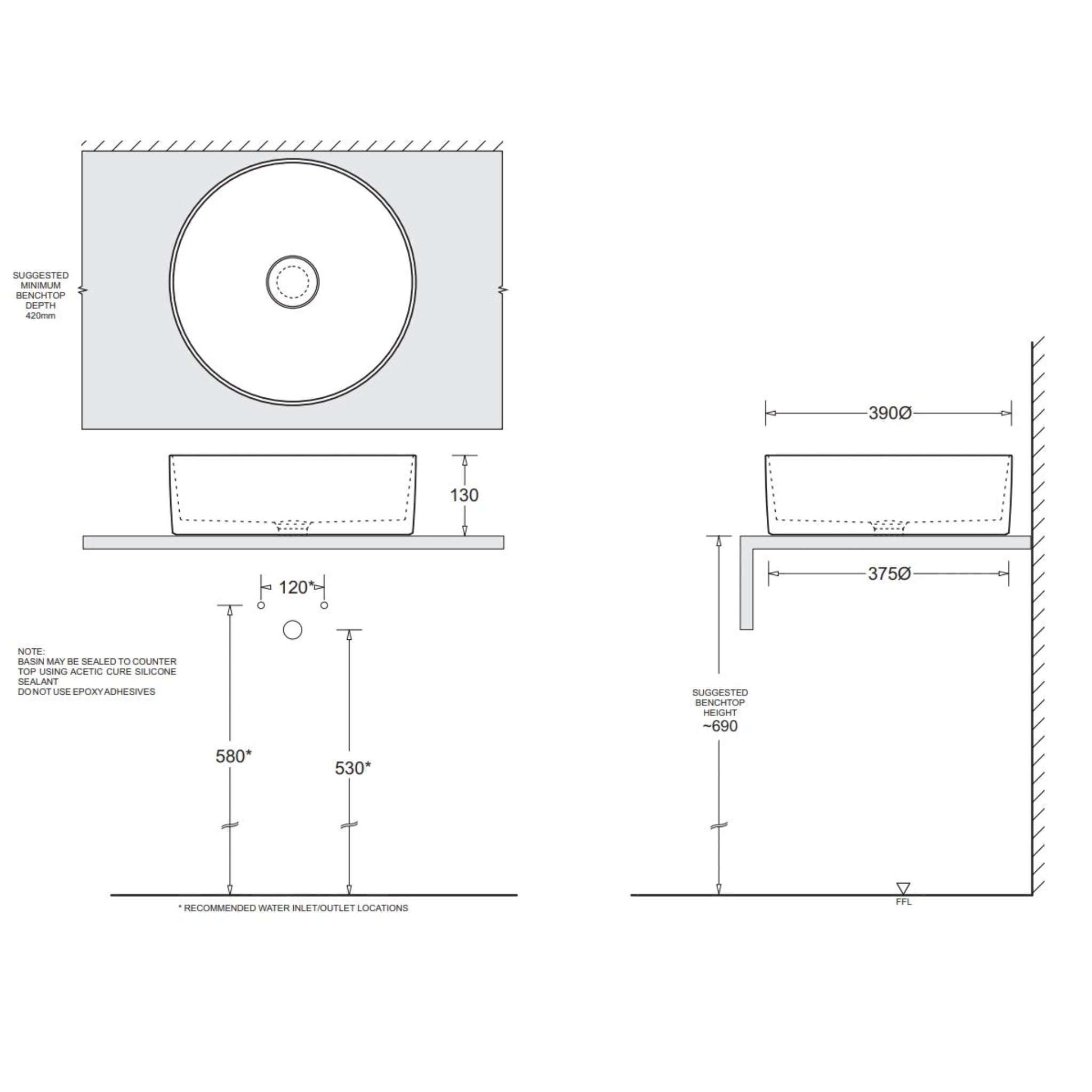 JOHNSON SUISSE VENEZIA ROUND COUNTER TOP BASINS BLACK 390MM