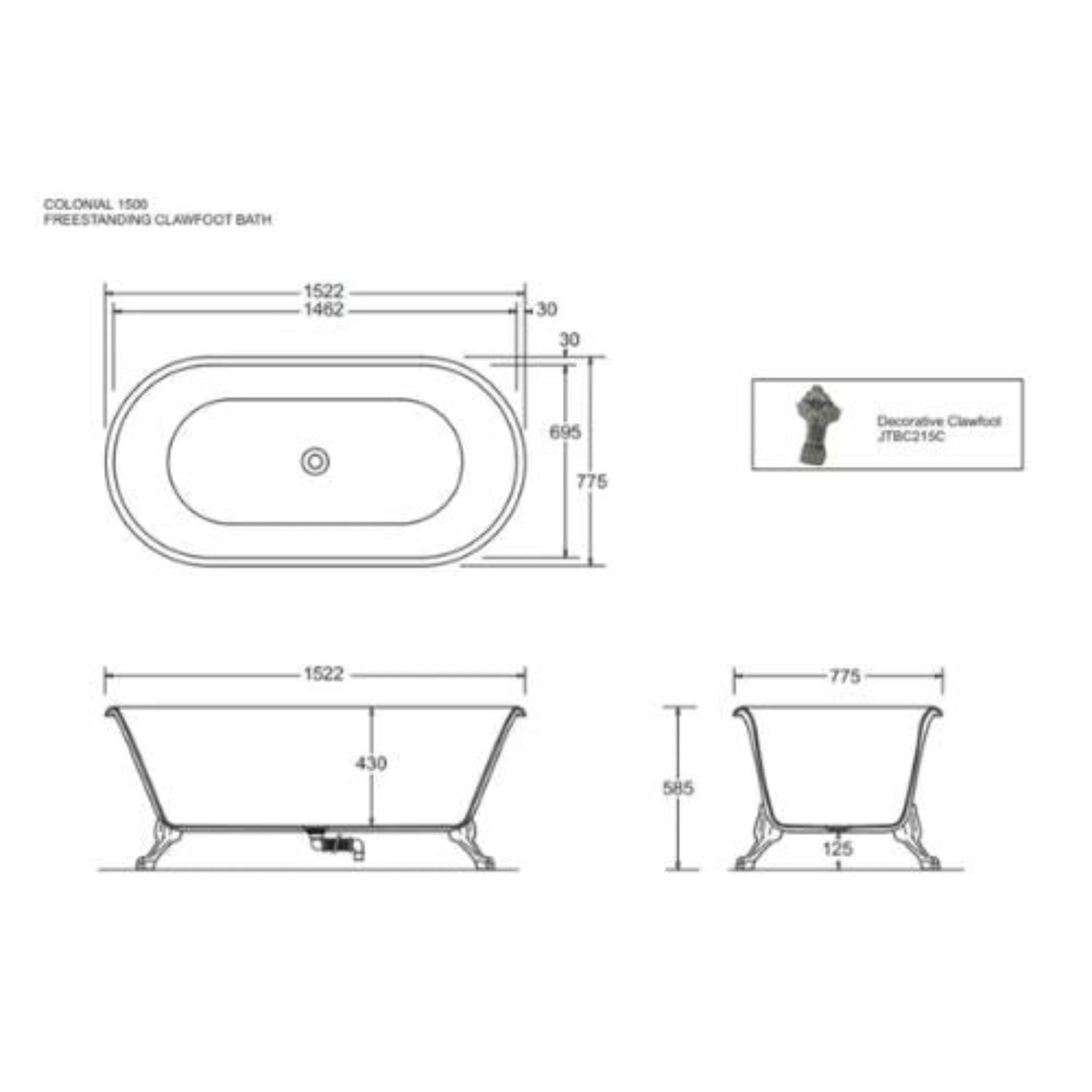 JOHNSON SUISSE COLONIAL FREESTANDING BATH ACRYLIC WHITE 1500MM