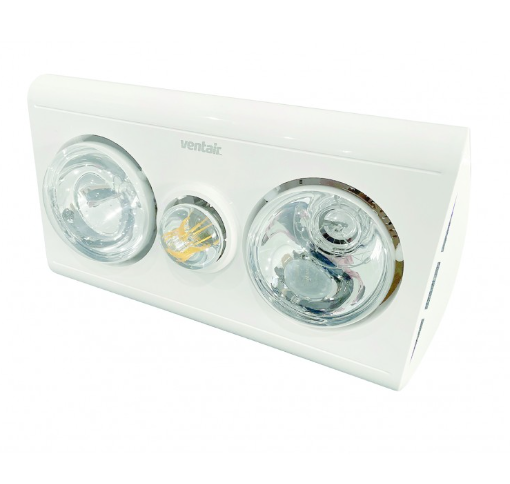 VENTAIR KLEIN 2 3IN1 BATHROOM UNIT WITH 2 HEAT LAMPS, CENTRE LED GLOBE, AND SIDE DUCTED WITH DRAFT STOPPER WHITE