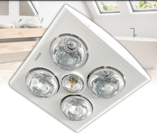 VENTAIR KLEIN 4 3IN1 BATHROOM UNIT WITH 4 HEAT LAMPS, CENTRE LED GLOBE, AND SIDE DUCTED WITH DRAFT STOPPER WHITE