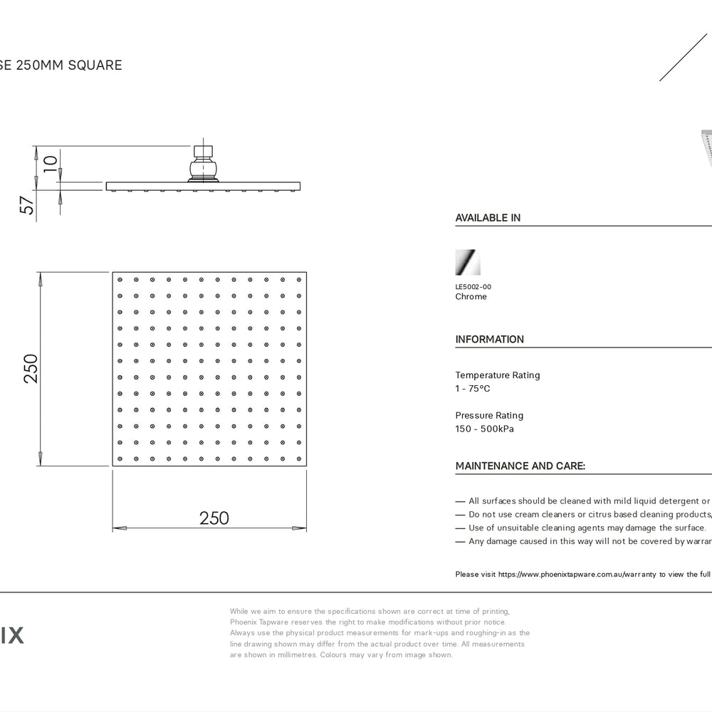 PHOENIX LEXI SHOWER ROSE SQUARE 250MM STAINLESS STEEL