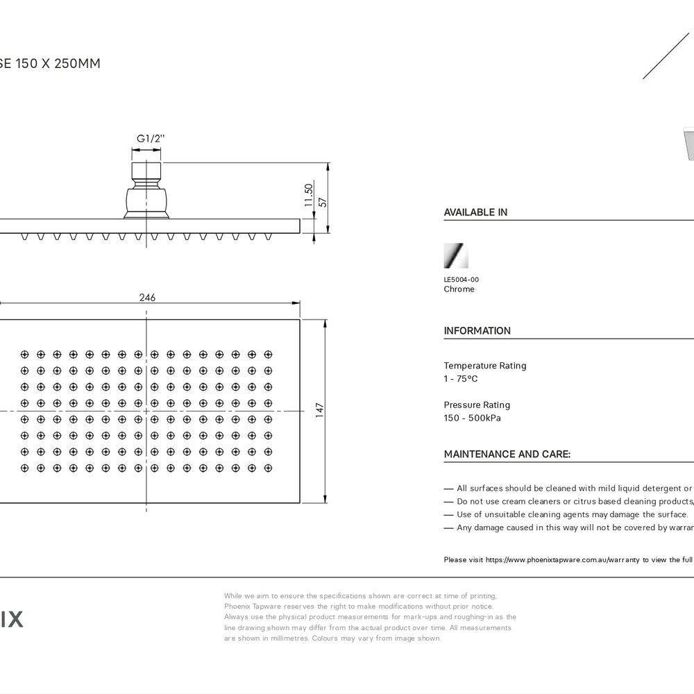 PHOENIX LEXI SHOWER ROSE CHROME 150MM X 250MM