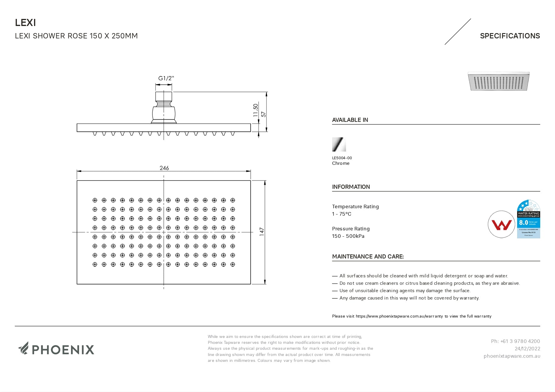 PHOENIX LEXI SHOWER ROSE CHROME 150MM X 250MM