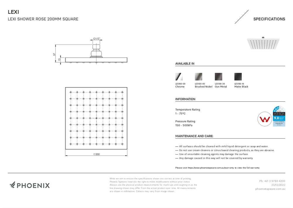 PHOENIX LEXI SHOWER ROSE SQUARE 200MM CHROME