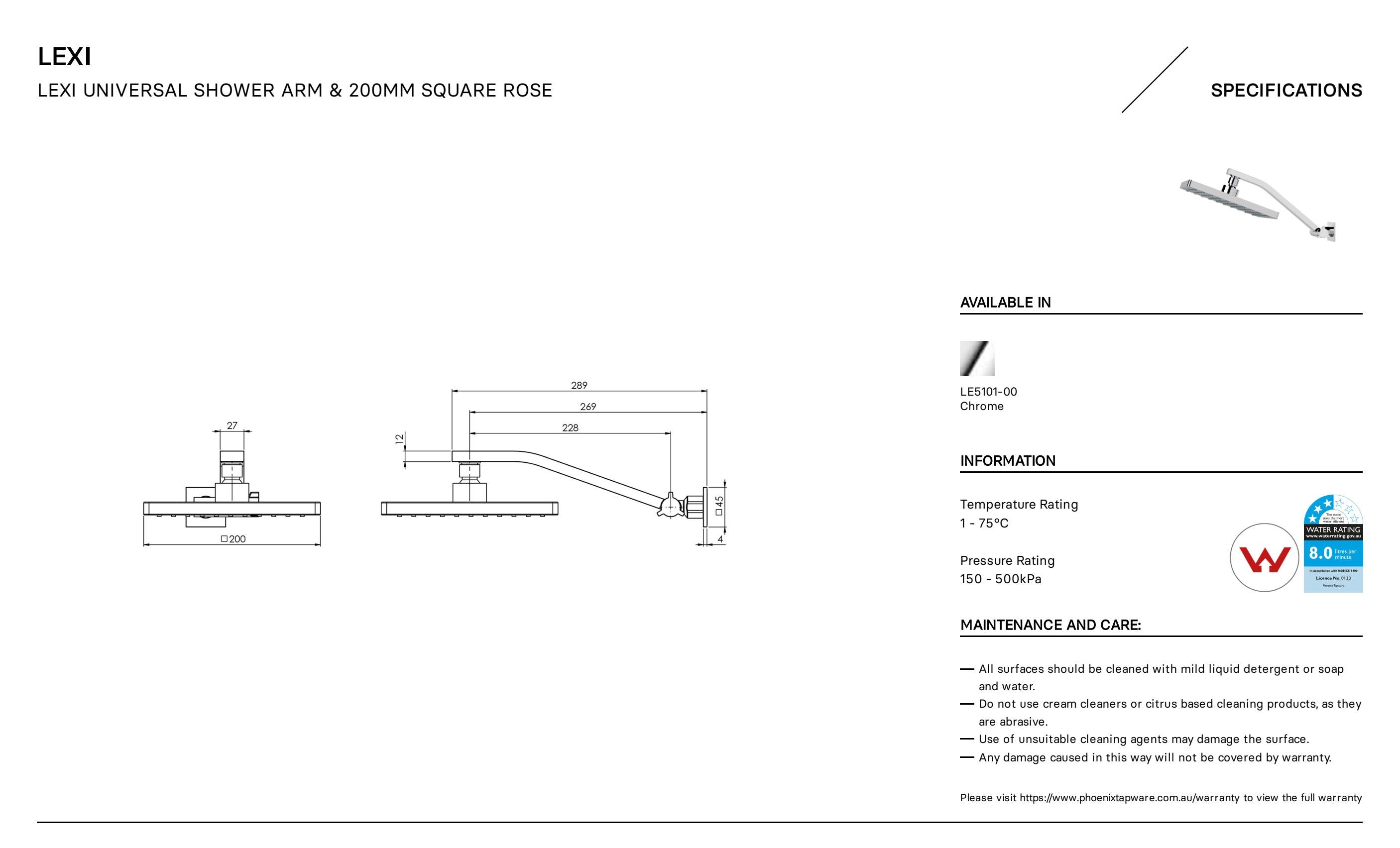 PHOENIX LEXI UNIVERSAL SHOWER ARM AND SQUARE ROSE 200MM CHROME