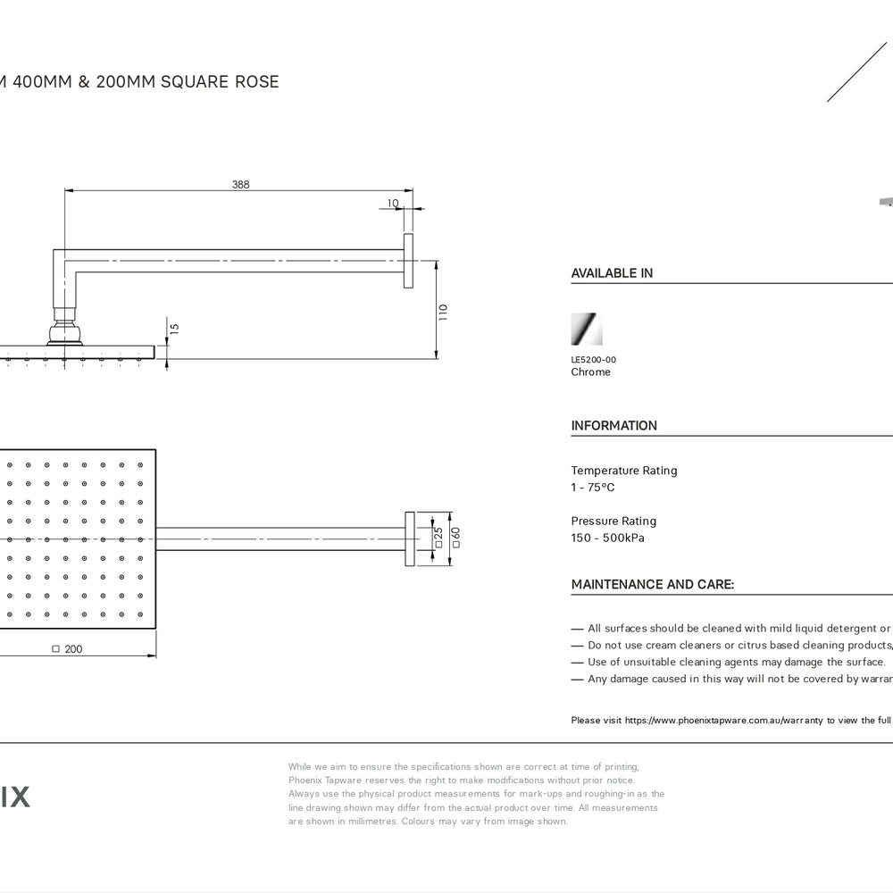 PHOENIX LEXI SHOWER ARM SQUARE ROSE 200MM CHROME