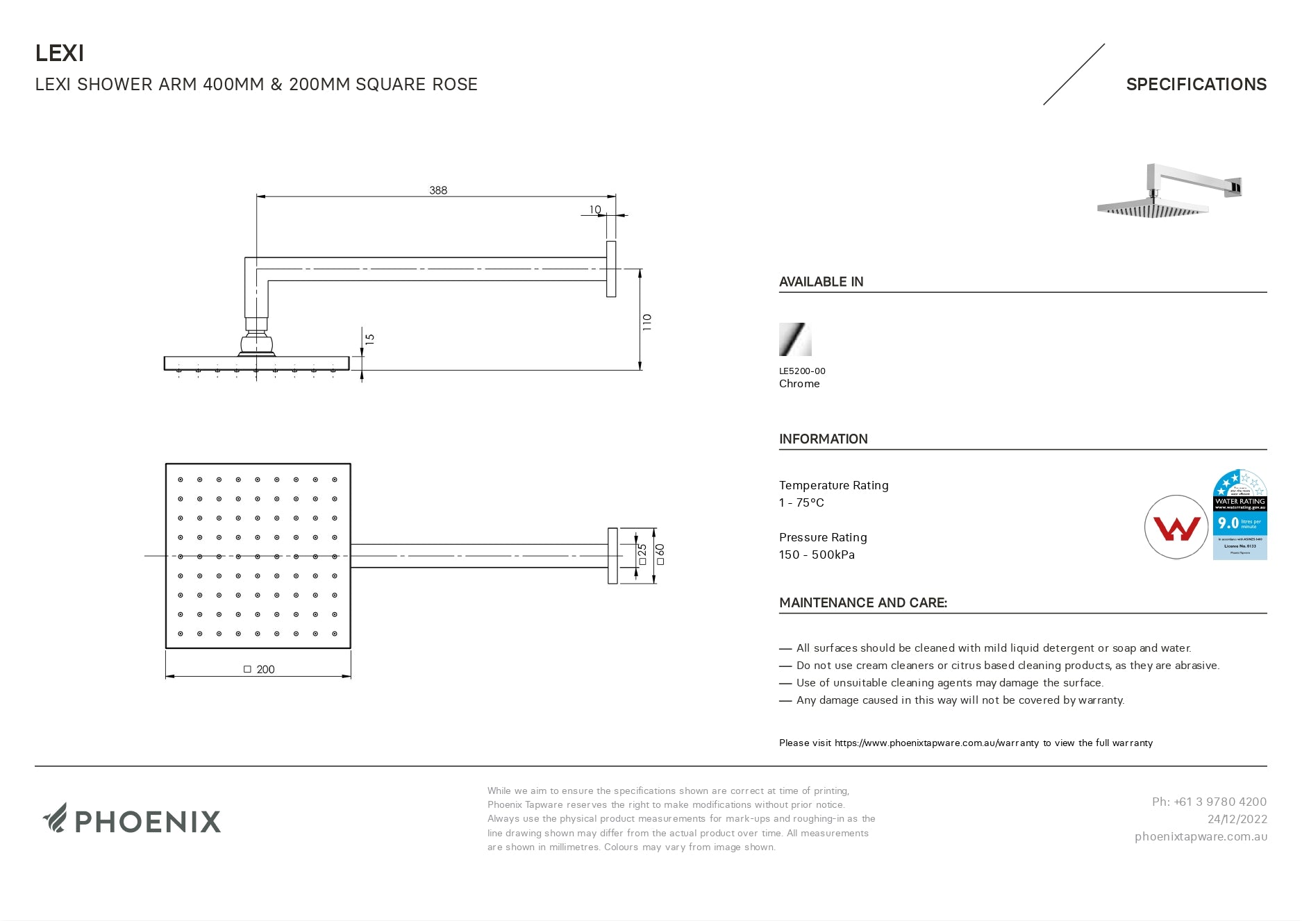 PHOENIX LEXI SHOWER ARM SQUARE ROSE 200MM CHROME