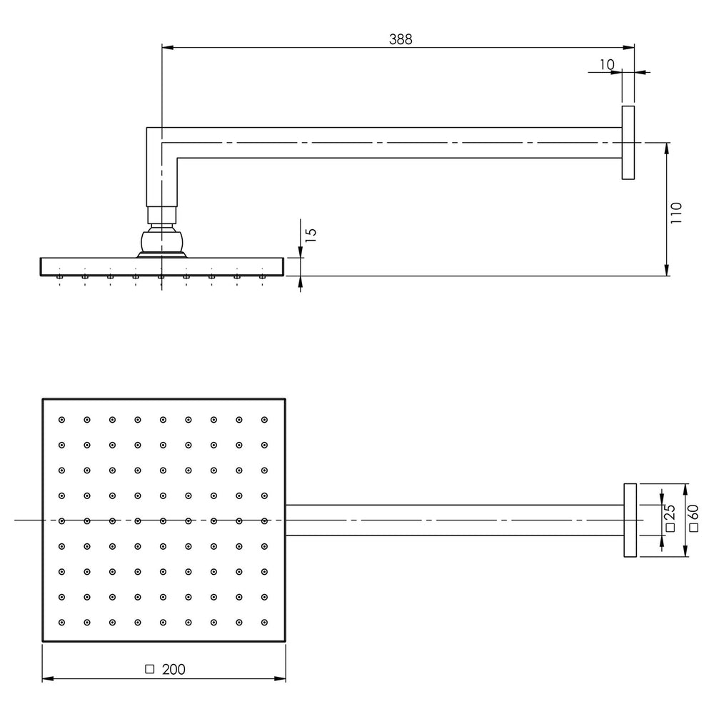 PHOENIX LEXI SHOWER ARM SQUARE ROSE 200MM CHROME